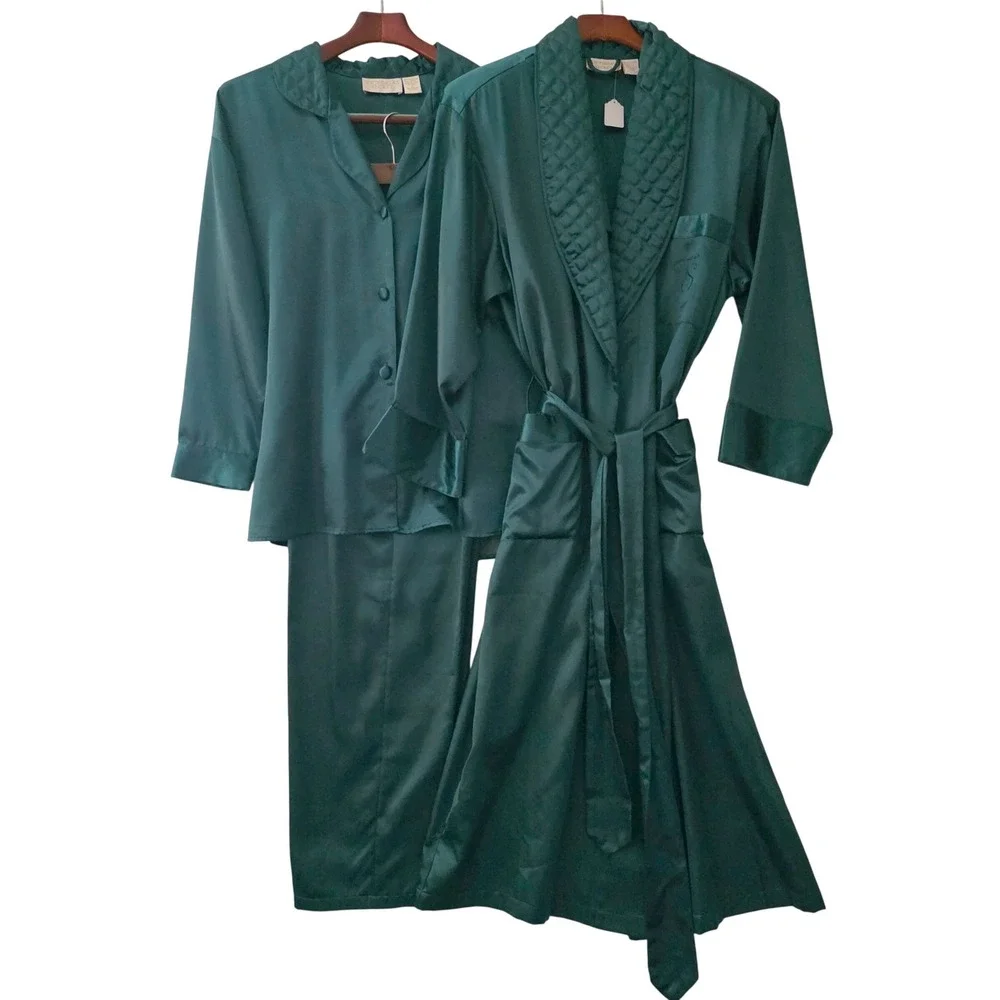Victoria's Secret VTG Gold Label Emerald Green Satin‎ 3pc Pajama Robe Set Small